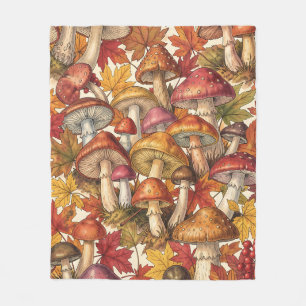 Vintage Autumn Mushroom Forest Botanical Pattern Fleece Blanket