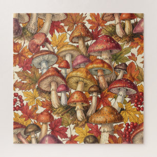Vintage Autumn Mushroom Forest Botanical Pattern Jigsaw Puzzle