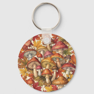 Vintage Autumn Mushroom Forest Botanical Pattern Key Ring