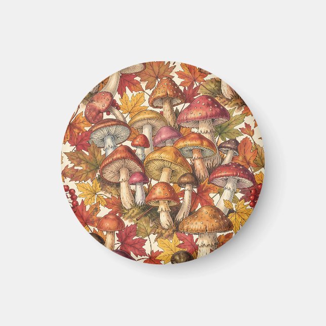 Vintage Autumn Mushroom Forest Botanical Pattern Magnet (Front)