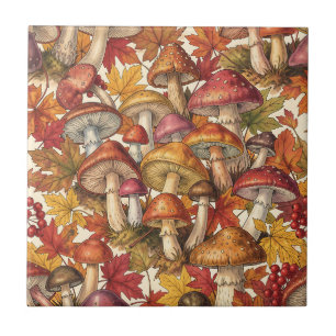 Vintage Autumn Mushroom Forest Botanical Pattern Tile