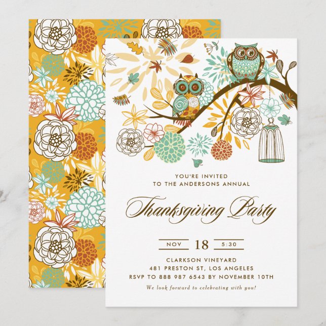 Vintage Autumn Owls Thanksgiving Dinner Invitation (Front/Back)