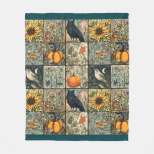 Vintage autumn patchwork look pumpkin owl flower fleece blanket