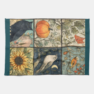 Vintage autumn patchwork look pumpkin owl flower tea towel