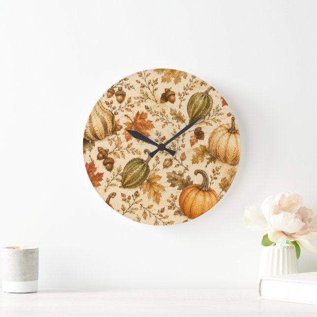 Vintage Autumn Pumpkin & Gourds Pattern  Large Clock (Home)