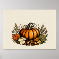 Vintage Autumn Pumpkin & Harvest Leaves |