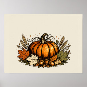 Vintage Autumn Pumpkin & Harvest Leaves Poster
