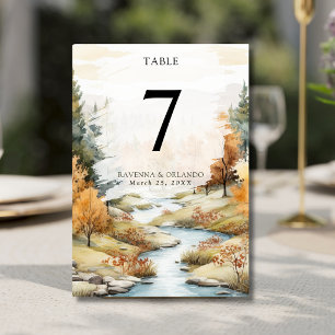 Vintage Autumn River Forest Landscape Wedding Table Number