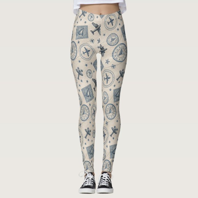 Vintage Aviation Passport Stamp Pattern (1) Leggings (Front)