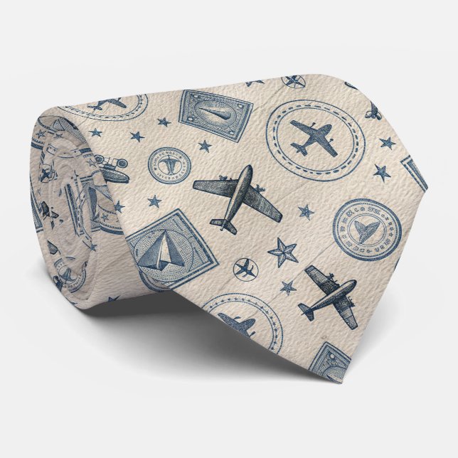 Vintage Aviation Passport Stamp Pattern (1) Tie (Rolled)