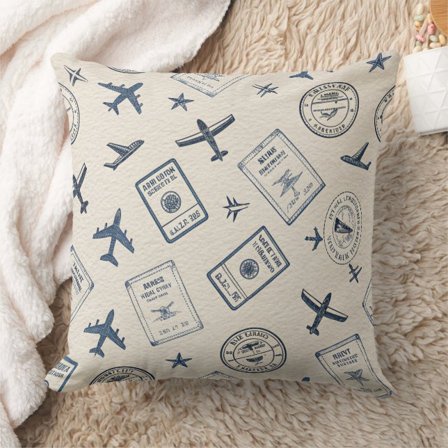 Vintage Aviation Passport Stamp Pattern (2) Cushion (Blanket)