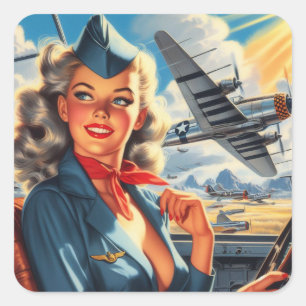 Vintage Aviation Pin Up Square Sticker