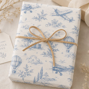 Vintage Aviation Toile Blue Wrapping Paper