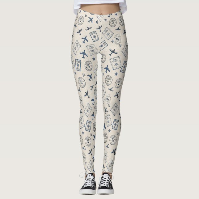 Vintage Aviation Travel Pattern Leggings (Front)