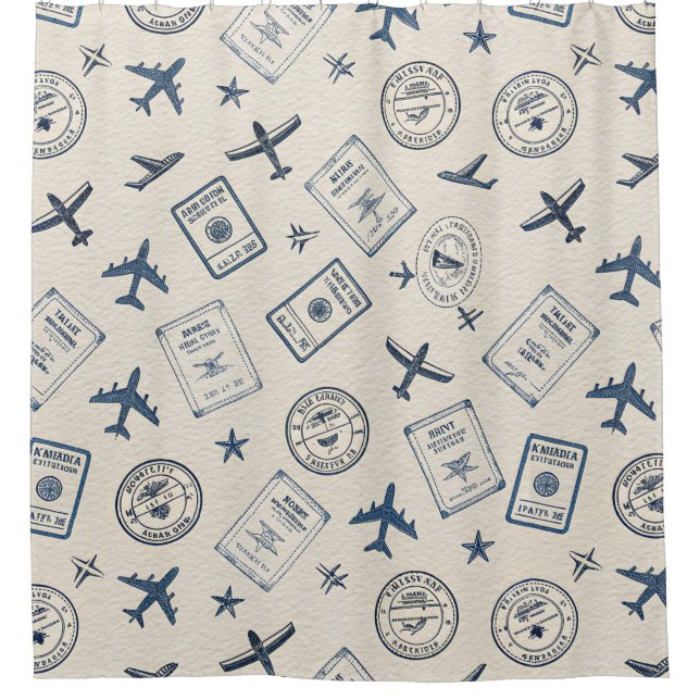 Vintage Aviation Travel Pattern Shower Curtain (Front)