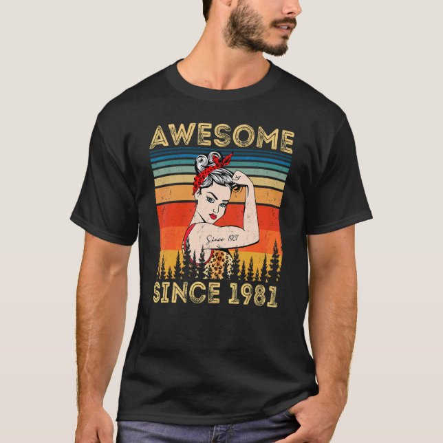 Vintage Awesome Since 1981 Birthday Leopard Woman  T-Shirt (Front)