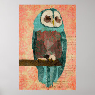 Vintage Azure & Blush Owl Art Poster