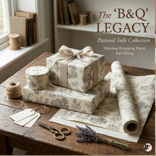 Vintage B&Q Monogram Toile Pastoral Scene Gift  Wrapping Paper