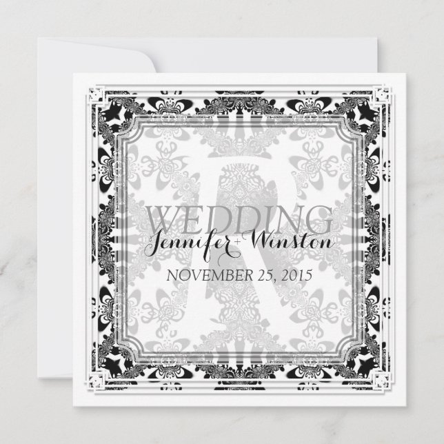 Vintage B&W Damask Monogram Wedding Invitations (Front)