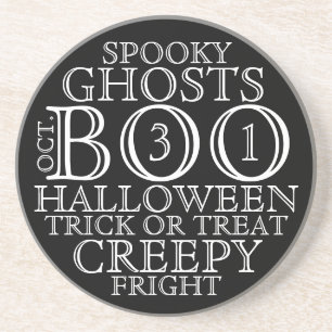 Vintage B&W Halloween Typography Sandstone Coaster