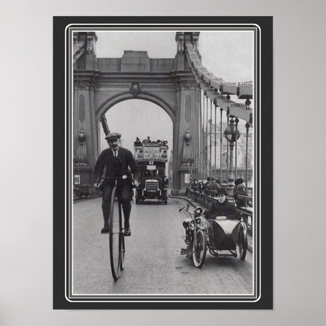 Vintage B&W Penny Farthing / Hammersmith Bridge Poster (Front)