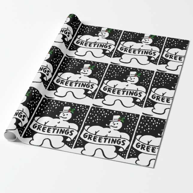 Vintage B&W Snowman (Lge. Image) Wrapping Paper (Unrolled)