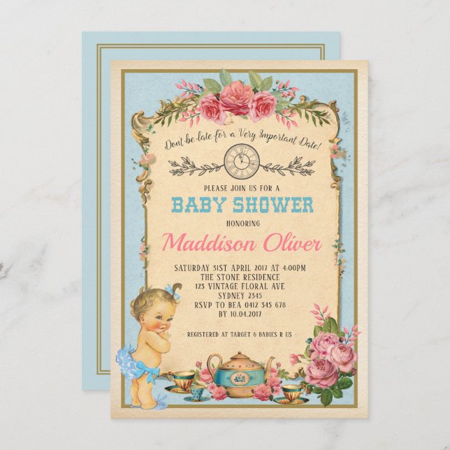 Vintage Baby Alice in Wonderland Tea Party Invite (Front/Back)