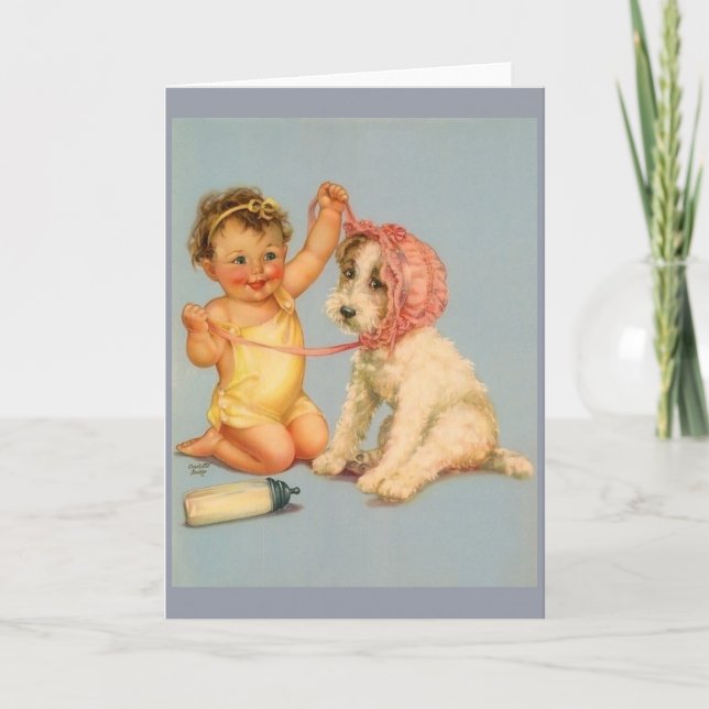 Vintage Baby and Dog with Bonnet Note Card (Front)