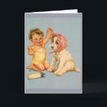 Vintage Baby and Dog with Bonnet Note Card<br><div class="desc">Retro / Vintage Baby Note Card.  Adorable little girl putting a pink bonnet on her dog!  Perfect for any occasion!</div>