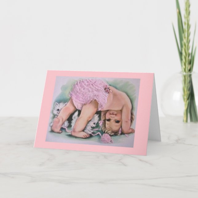 Vintage Baby And Kittens Note Card (Front)