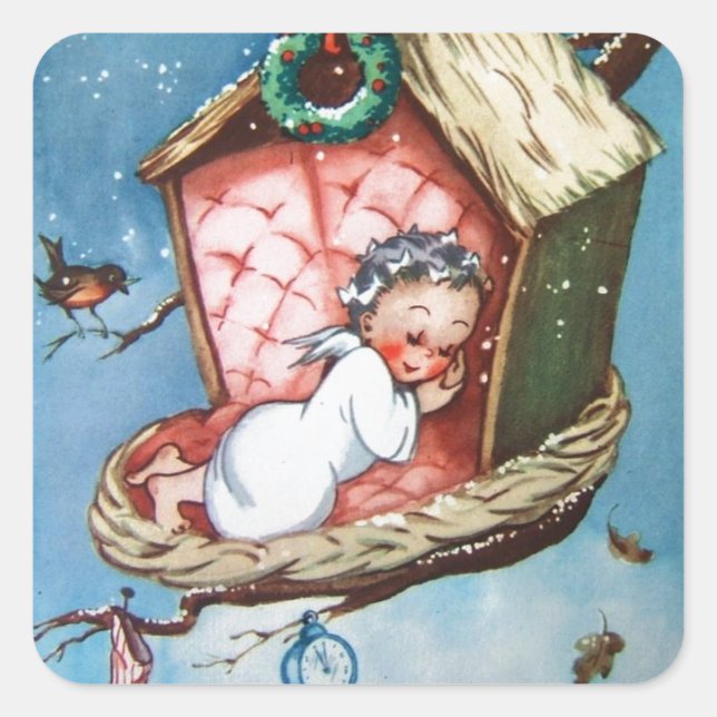 Vintage Baby Angel In Bird Nest Square Sticker (Front)
