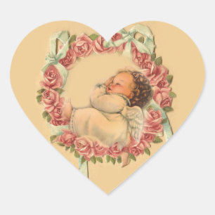 Vintage Baby Angel sleeping on a rose wreath Heart Sticker