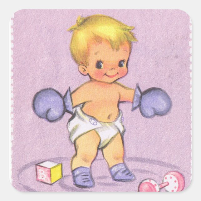 Vintage Baby Announcement/Boxing Gloves Square Sticker (Front)