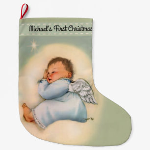 Vintage Baby Boy Angel First Christmas Large Christmas Stocking