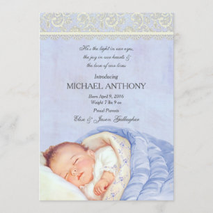 Vintage Baby Boy Announcement Blue & Ivory Lace