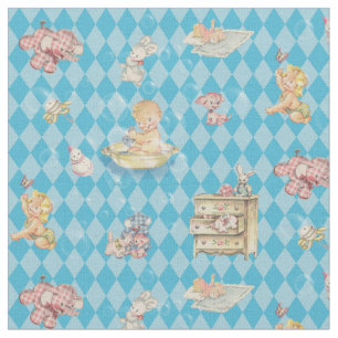 Vintage Baby Boy Bath Time on Blue Harlequin Fabric