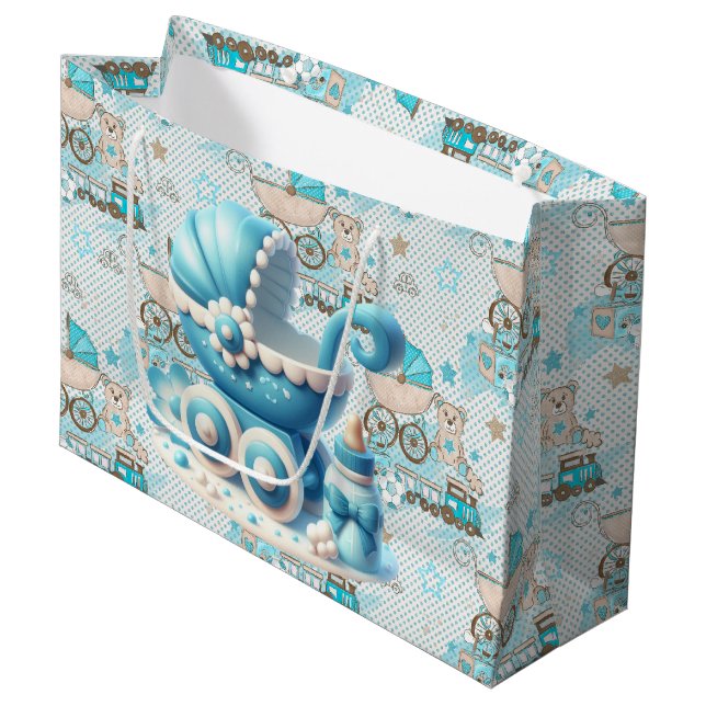 Vintage Baby Boy Carriage  Large Gift Bag (Front Angled)