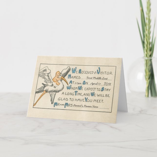 Vintage Baby Boy & Stork Birth Announcement - Blue (Front)