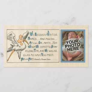 Vintage Baby Boy & Stork Birth Announcement - Blue