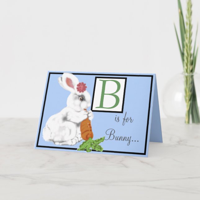 Vintage Baby Bunny Alphabet Letter Blue Customise Card (Front)