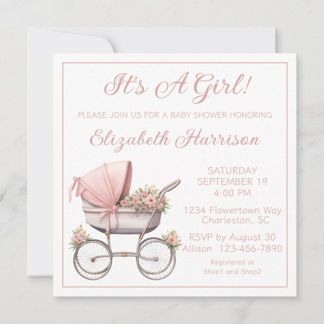 Vintage Baby Carriage Baby Girl Shower Invitation (Front)