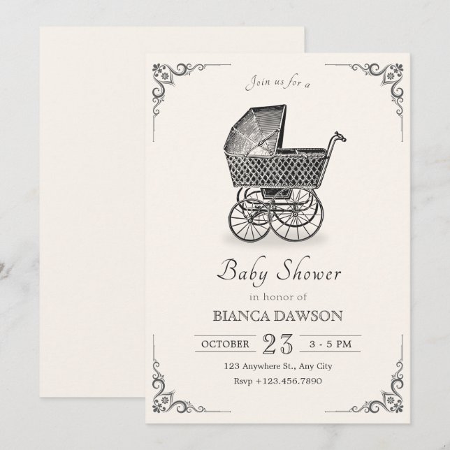Vintage baby carriage baby shower invitation (Front/Back)