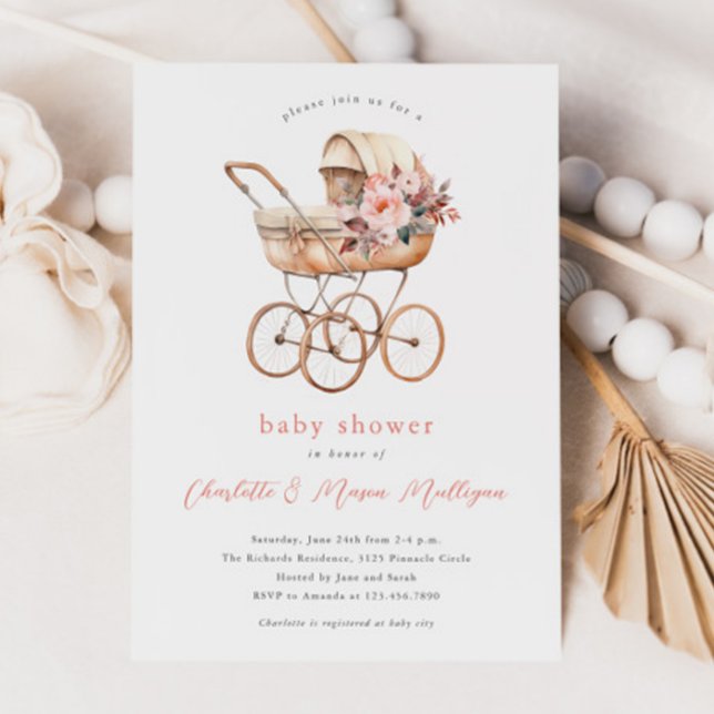 Vintage Baby Carriage Baby Shower Invitation (Vintage baby carriage blush pink floral couples baby shower invitations.)
