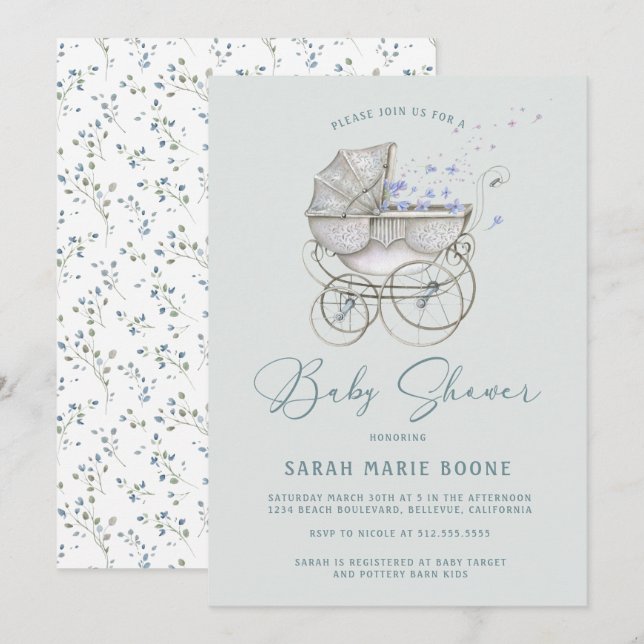 Vintage Baby Carriage Boy Baby Shower Invitation (Front/Back)