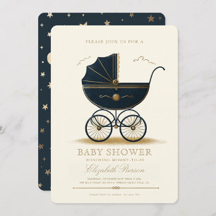 Vintage Baby Carriage Elegant Navy Baby Shower Invitation