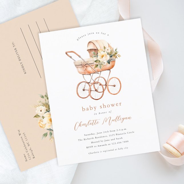 Vintage Baby Carriage Gender Neutral Baby Shower Postcard (Vintage baby carriage gender neutral baby shower invitation postcard.)