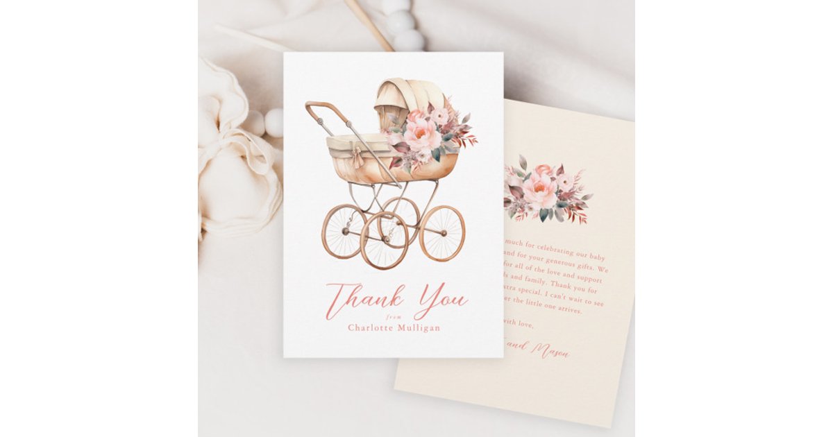 Vintage Baby Carriage Pink Floral Baby Shower Thank You Card | Zazzle