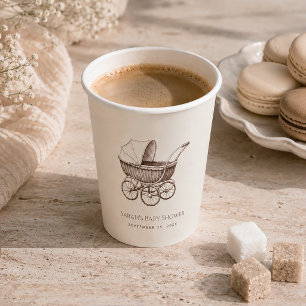 Vintage Baby Carriage Sepia Brown Pram Baby Shower Paper Cups