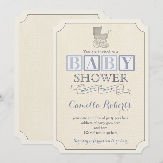 Vintage Baby Carriage Shower Invitations for Boy (Front/Back)