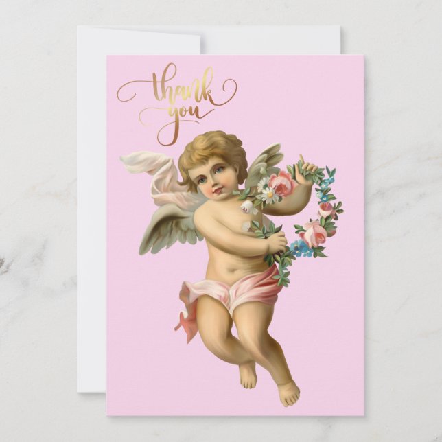 Vintage Baby Cherub with Flowers Thank You Card (Front)